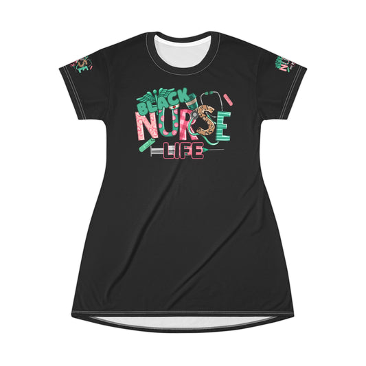 Black Nurse Life T-Shirt Dress (AOP) in Black