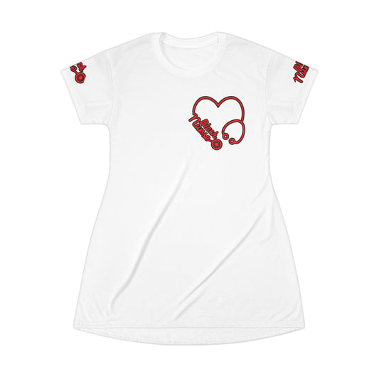 Heart Black Nurse T-Shirt Dress (AOP) in Black